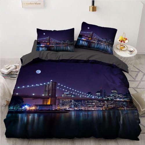 SJSXWQN Copripiumino Matrimoniale 240x220 cm Aldulto Ponte Viola Di Londra Set di Biancheria da Letto con Cerniera Nascosta Set Copripiumini in Microfibra Morbido Traspirante e 2 Federe 50x80 cm