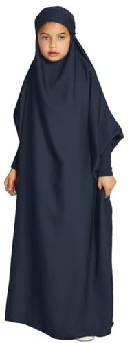Odizli Gebetskleidung für Kinder Mädchen Abaya Muslim Islam Muslimische Kleider mit Kapuze Langarm Arabisch Türkische Robe Hijab Jilbab Khimar Kaftan Ramadan Burka Lang Gebetskleid Blau 12-13 Jahre