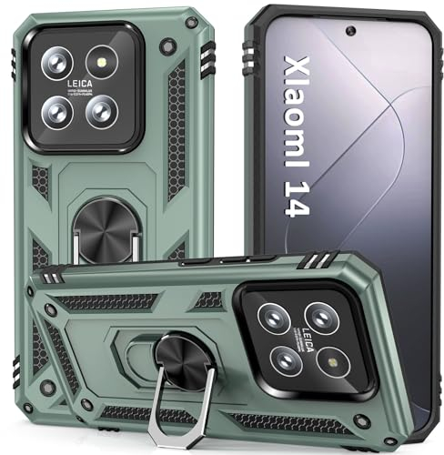 KETGII Hülle für Xiaomi Mi 14 Handyhülle,Handyhülle für Xiaomi 14 Hülle,Anti-Kratzer Militärische Stoßfest Ring Halter Schutzhülle Handyhülle Cover für Xiaomi Mi 14 (6.36) Grün
