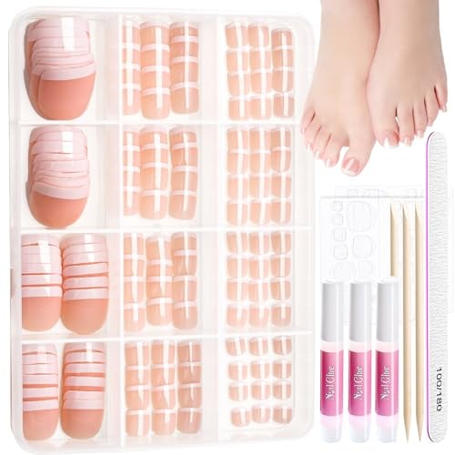 Teenitor 144pcs False Toenails with Nail Glue, 6 Sets Fake Toe Nails Stick on Toenails, French Tip Press on Toe Nails False Toe Nail Tips Set