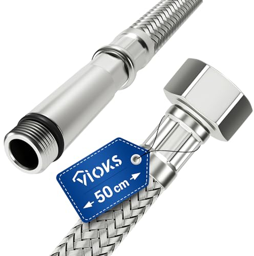 VIOKS Tuyau blindé 1/2 (19,3 mm) ÜM x M10 50 cm et tuyau de raccordement flexible pour WC, réservoir de chasse d'eau, robinet de cuisine, salle de bain et tuyau d'arrosage flexible