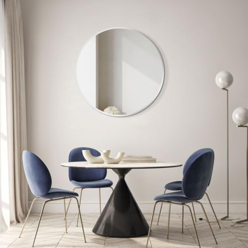HOKO® Design Wandspiegel rund 60 cm mit Metall Rahmen Matt Weiß. Runder Design Spiegel für Bad, Flur, Schlafzimmer. Designspiegel mit Rahmen für das Wohnzimmer.