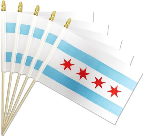 Chicago Handflaggen, 12,7 x 20,3 cm, kleine Flagge der Stadt Chicago IL auf Holzstäben mit Speerspitze, Mini-Chicagoa-Flagge für Wahlen, patriotische Dekorationen, Unabhängigkeitstag, 20 Stück