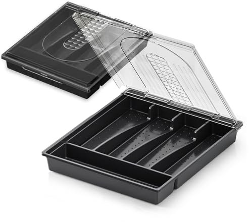 Kitchen Utensil Organizer Holder for Countertop with Removable Lid, Plastic 13 Inch Silverware Tray for Drawer,5 Compartments/Slots Total Flatware Organizer,Portable Cutlery Knives,Forks,Spoons Black