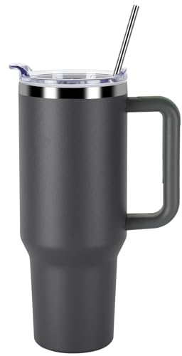 DUNSOO 40oz Thermobecher mit Strohhalm,Kaffeebecher to go Thermobecher mit Deckel,Doppellagiger Edelstahl-Vakuum,Tragbarer Autobecher FüR HeißE und Kalte GeträNke Thermo Cup (Grau)