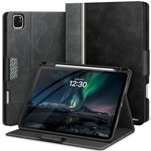 KingBlanc Hülle für iPad Pro 11 Zoll 2024 (M4, 5. Generation) mit Stifthalter, Veganes Leder Schutzhülle, Auto Schlaf/Wach, Unterstützt Pencil Pro und Pencil (USB-C), Schwarz