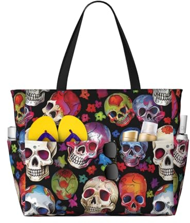 ZHONGSK Große Strandtasche für Damen, große Kapazität, Strandtasche, Stern-/Pool-Tasche mit Reißverschluss und Taschen, faltbare Handtasche für Fitnessstudio, Reisen, Einkaufen, totenköpfe,