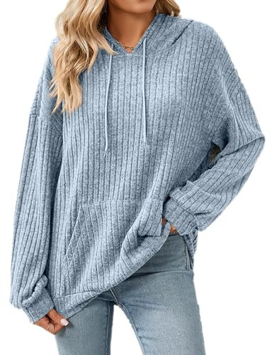 Gemulate Hooded Tops for Women UK,Women's Long Sleeve Loose Jumpers Sweatshirt Casual Sweater with Pocket Light Blue X-Large