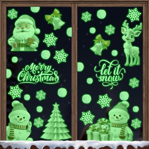 KAIRNE Weihnachts Fensterdeko,Weihnachts Fenster Aufkleber,Weihnachtsmann Fensterbild,Schneeflocke Leuchtende Aufkleber,Weihnachtsbaum Elch Schneemann Leuchtsticker für Vitrinen Glas Winter Party 