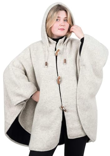 Kunst und Magie Strick Poncho mit Kapuze Umhang Cape Strickjacke Wolle Jacke Winter Mantel Damen, Größe:S/M
