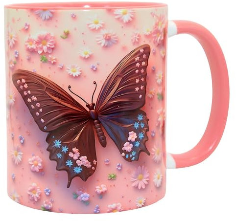 Shopi Zone Tasse à café en céramique avec motif papillon floral, tasse avec poignée et intérieur rose, tasse à café amusante en céramique pour les amateurs de papillons et de fleurs, tasse à café