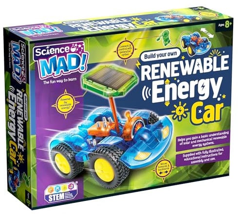 Science Mad - Build Your Own Renewable Energy Electric Car Kit for Kids - Explore Principles of Sustainable Transport - Use Hand Powered Generator or 360 Degree Solar Panel, STEM, 8+ Years