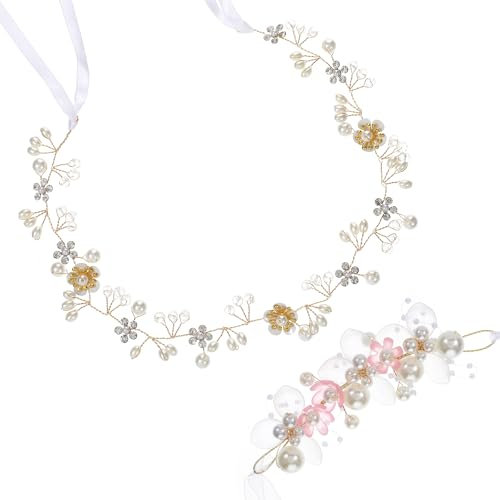 Oruola Braut Stirnband Haarschmuck,Haarkranz Kommunion Mädchen,Haarschmuck Hochzeit und Armbänder,Prinzessin Blumenkranz Haare,Weiß Perle Haarreifen Kopfbedeckung,Braut Hochzeit Accessoires