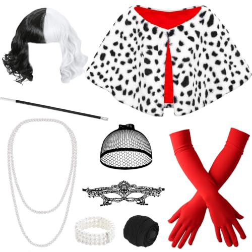 9 Stück Cruella Damen Cosplay Set, Schwarze und weiße Perücke Devil Kostüm mit Perücke Maske Perlenketten Armbänder Handschuhe Schal Zigarettenstange Netzstrümpfe für Karneval Fasching Mottoparty