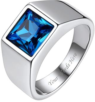 Bestyle Ring mit Saphir Herren Edelstahl Herren Bandring mit Gravur Blau Stein Männer Fingerring Gothic-Ring Siegelring Personalisierbarer Schmuck für Papa Vater Größe 70, Silber