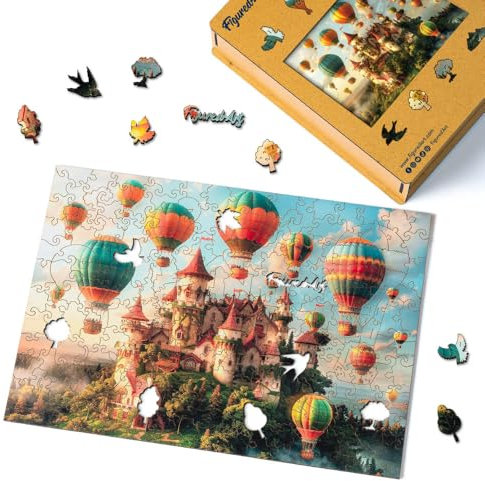 Figured'Art Holzpuzzle Erwachsene und Kinder 200 Teile - Schloss mit Heißluftballons - Originelles Design 32x22 cm Einzigartige Form mit Premium-Holzkiste