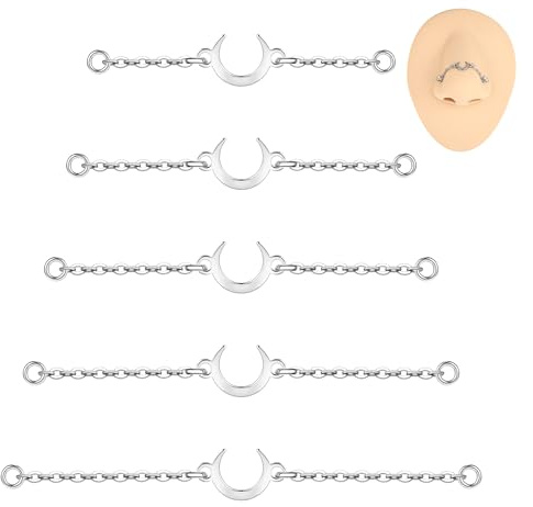 6ixGosh 5PCS Nose Chain Surgical Steel Across Top Nose Piercing Jewelry Nostril Chain for Women Men Double Nose Piercing Nostril Bridge Jewelry, Black, Gold, Silver