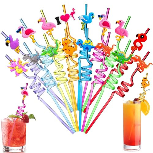 16 Stück Kinder Strohhalme, Plastik Wiederverwendbare Strohhalm Gelockt Trinkhalme Cocktail Strohhalme Flamingo Dinosaurier Bunt Trinkhalme Party Zubehör für Geburtstagsfeier Hochzeiten Partygeschenke