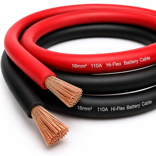 MKGT Câble de batterie 16 mm² rouge et noir - Câble en PVC souple en cuivre pur 110 A pour automobile, démarreur, onduleur, batterie de loisirs et soudure (ensemble rouge + noir, 4 mètres)