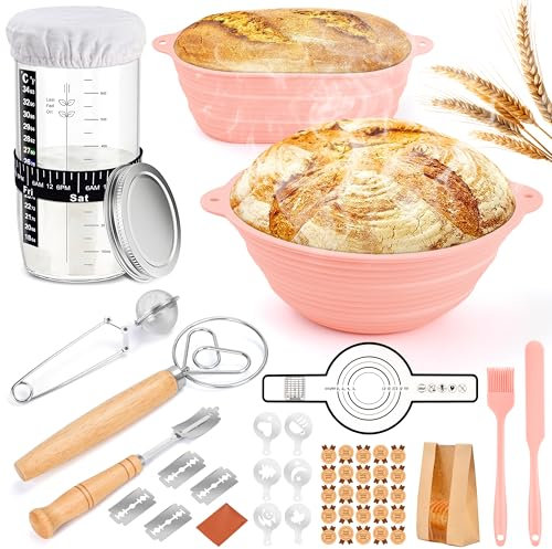 Charmofun Cesta de Fermentación, Banetones para Pan Ovalado y Redondo, Kit para Hacer Pan Masa Madre con Botella para Fermentación, Batidora, Tamizador, Cuchillo