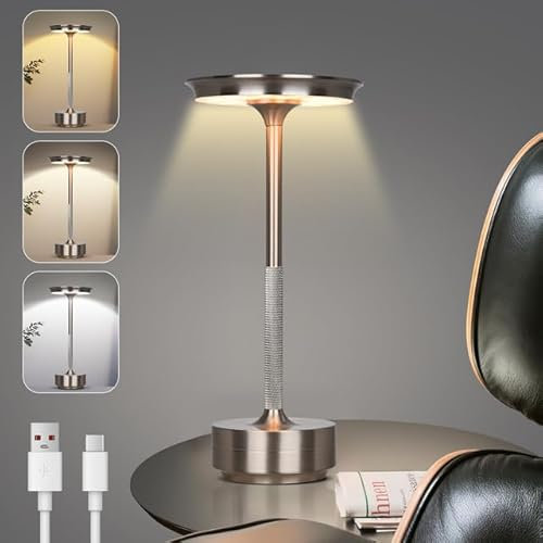 Rosnek Tischlampe Kabellose LED, 3 Farbtemperaturen Stufenlos Dimmbare Akku Tischleuchte, Touch Lampe mit USB-C, Silber Stylische Tischlampe Akku für Innen & Außenbereich, Metall Tischleuchte