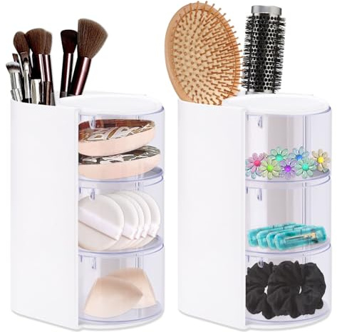 Modixun Haar-Zubehör-Organizer mit Haarbürstenhalter, 3 Ebenen, transparent, drehbare Schublade, Make-up-Schwammhalter, Badezimmer-Wattestäbchen/Pad/Ballspender, Schmuckschatulle, Weiß, 2 Stück