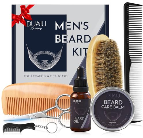 DUAIU Bartpflege Set für Männer, 7 in 1 Set mit Bartöl, Bartwachs, Holzbürste, Bartkamm, Schere & Mini-Kamm - Geschenkset Männer für Weihnachten, Geburtstag (Geschenke für Männer, Papa, Ihn)