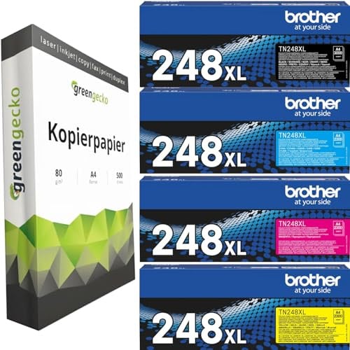 green gecko Original Multipack - TN-248XL kompatibel mit Brother MFC-L 3760 CDW, HL-L3220 CWE, HL-L 3240 CDW, MFC-L3740 CDW, DCP-L3520 CDW, DCP-L 3560 CDW & 500 Blatt A4 Kopierpapier