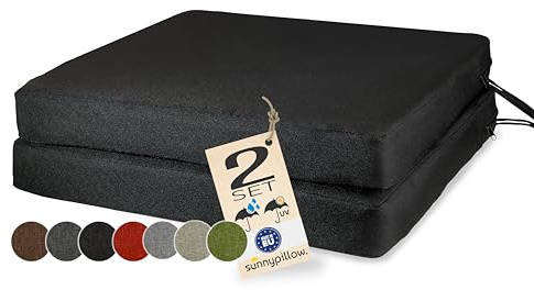 sunnypillow 2er Set Stuhlkissen 40x40cm wasserdicht UV-lichtecht, Schwarz | Outdoor Polsterauflage mit Bändern, Auflage für Stühle,Bänke, Sitzkissen Stuhlauflage für Haus und Garten, 7cm dick