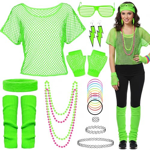 Xietaea 80er 90er Jahre Outfit Damen - Neon Kleidung Accessories mit Netzshirt Stirnband Armband Ohrring Brille, Netzhandschuhe Beinwärmer Brille für Karneval Halloween Fasching Retro Party
