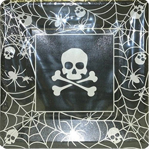 MustBeBonkers Halloween Plates - Skull & Crossbones/Spiders & Web - Black & White Party Sturdy Square Paper Plates - 8 Per Pack - 25cm x 25cm -