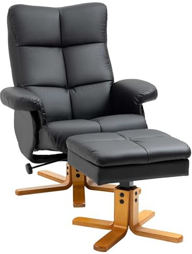 HOMCOM Recliner Armchair, Swivel Reclining Chair With Ottoman, Swivel Faux Leather Chair with Wooden Base and Storage Footstool for Living Room, Black
