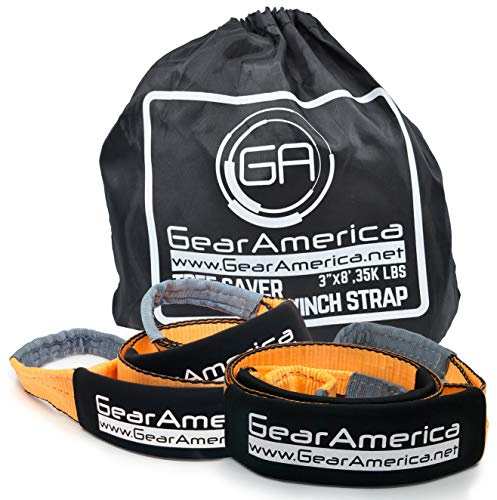 GearAmerica 2PK Tree Saver Winch Strap 3 x8' | Heavy Duty 35000 lbs (15.8 T) Strength | Off-Road Towing and Recovery Rope for 4x4 or Truck | Reinforced Loops + Adjustable Sleeves + Storage Bag + Tie
