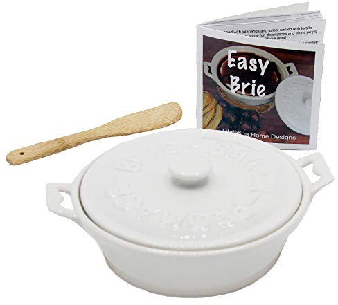 White Camembert Baker and Brie Baker with Cookbook. Brie Cooker comes with Spatula, Lid, Base and Cookbook. Brie Baking Dish is Microwave, Dishwasher and Oven Safe by Christina Home Designs.
