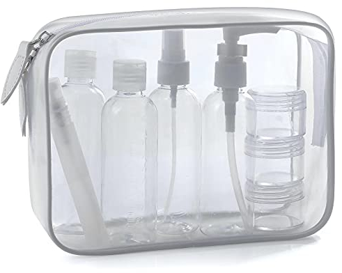 MOCOCITO Neceser Transparente con 8 Botellas de Viaje (MAX.100ml) y 1 Bolsa de Vuelo para Líquidos (20cm x 20cm,1L), Bolsa de Cosméticos Impermeable para Hombre y Mujer (blanco03)