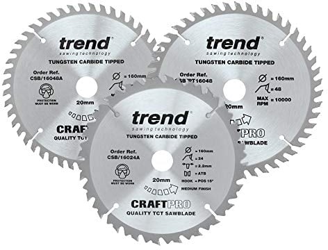 Trend Wood Circular Saw Blades, 160mm Diameter, 20mm Bore, 24/48 Teeth, 2.2mm Kerf, +15/4° Hook, TCT, Medium/Fine/S.Fine Finish, 3 Pack, CSB/160/3PK/A