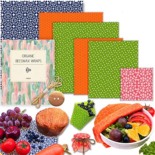 Beeswax Wrap-Set of 6 Pack (1 Extra Large, 2 Large, 2 Medium, 1 Small) | Eco Friendly Reusable Food Wraps | Sustainable Plastic Free Food Storage | Sandwich Wrappers | Washable Bowl Covers