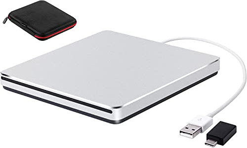 SOMDARHK External CD Drive for PC: USB-C Portable Slot-in DVD Burner - Aluminum Alloy +/- RW Superdrive with Type-C Adapter & Case for Apple Mac MacBook Windows (Silver)