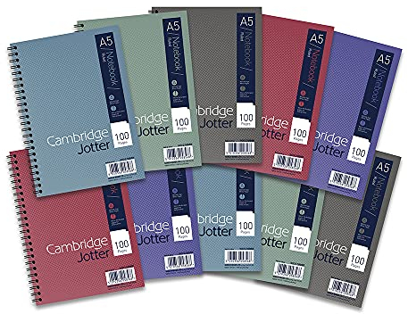 Cambridge Jotter A5 Notebook, Wirebound, 8 mm Lined with Margin, 100 Pages, Pack of 10 Notepads, Green, Blue, Grey, Red, Purple