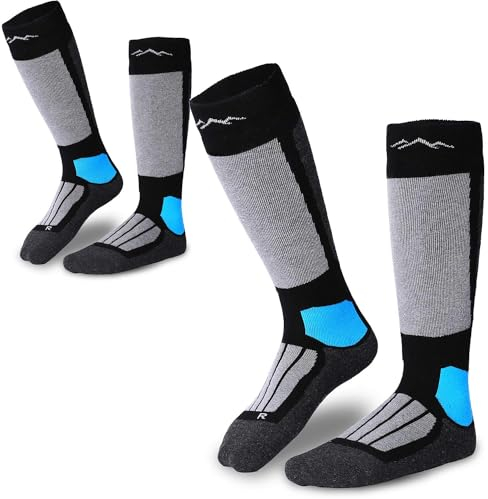 gipfelsport Skisocken für Kinder, Herren und Damen - Dicke Socken aus Merinowolle, warme Merino Snowboardsocken, 2x Paar Skistrümpfe, Schwarz, Größe 24-27