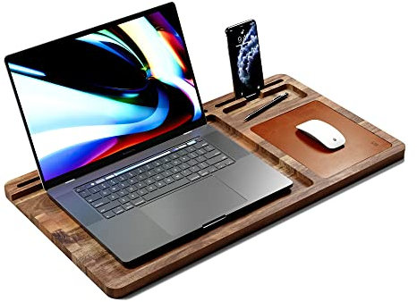 LULA Acacia Wood Laptop Mat with Large Leather Mouse Pad and Practical Holder for Notebook, Tablet and Telephone; Portable Laptop Table for Sofa in Home Office or Bed Table in Bed