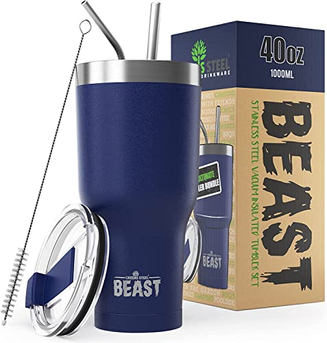 BEAST Mug Isotherme Cafe - 1050ml I Bleu royal I Acier Inoxydable I Réutilisable, Tasses Isothermes I 2 Pailles et Brosse Nettoyage I Thermos Cafés de Voyage Double Paroi I Café Chaud ou Glacé