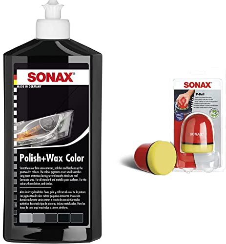 SONAX Polish & Wax Color schwarz (500 ml) Politur mit Farbpigmenten und Wachsanteilen | Art-Nr. 02961000 & P-Ball (1 Stück) mühelos und schnell zum perfekten Polierergebnis | Art-Nr. 04173410