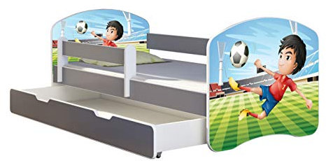 ACMA Kinderbett Jugendbett mit Einer Schublade und Matratze Grau mit Rausfallschutz Lattenrost II (13 Fußballer, 180x80 + Bettkasten)