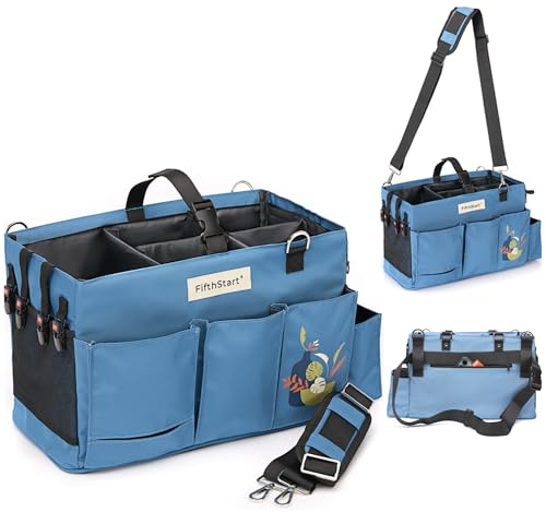 FifthStart Multipurpose Cleaning Caddy with Handle, Waist & Shoulder Strap - Nappy Caddy - 9 Pockets & Easily Cleaned - Sturdy & Portable Storage Box with Adjustable Compartments (Blue, Large)