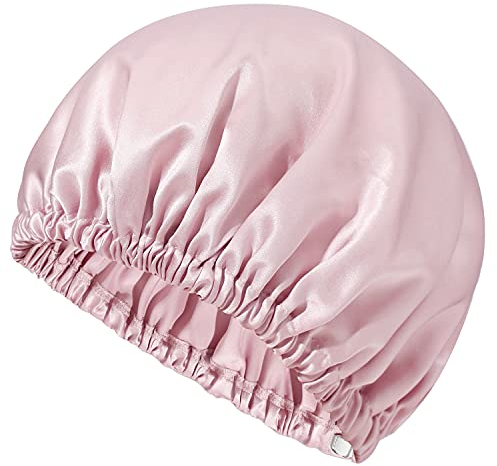 Mommesilk 22 Momme Seide Schlafmütze Haarhaube Kopfbedeckung Schlafkappe elastische Maulbeerseide Nachtmütze Schlafhaube für Locken Rosa