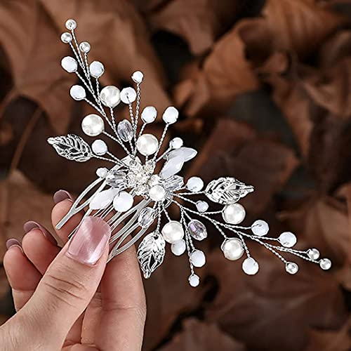 Fashband Blumen-Hochzeits-Haarkamm, silberfarbene Kristall-Perlen, Blatt-Haarschmuck, Braut-Kopfschmuck für Damen und Mädchen