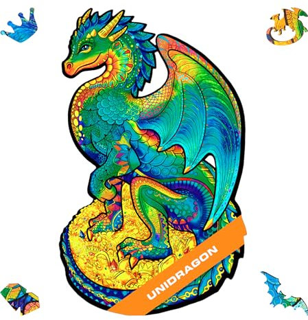 UNIDRAGON Wooden Jigsaw Puzzle, Best Gift for Adults and Kids, Unique Shape Jigsaw Pieces Guarding Dragon, 6.2 х 10.3 in (16 х 26 cm) 97 pcs, Small