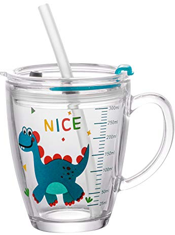 Kids Glass Milk Cup With Silicone Straw and Lid - Toddler Measuring Cup With Scale - Cute Tumbler With Handle for Milk, Juice, Water, Tea - Clear Cartoon Drinking Glass
