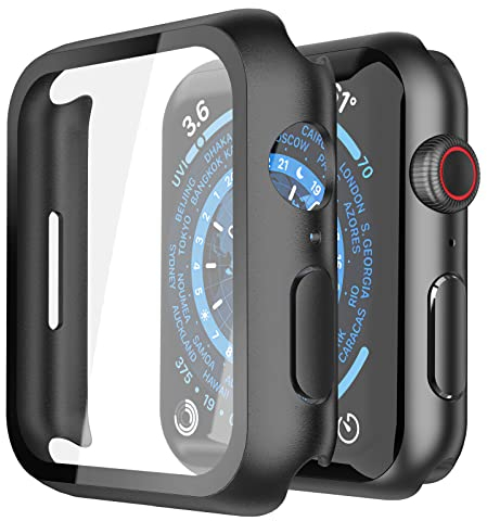 Misxi [2 Pezzi] Nero Custodia Rigida con Vetro Temperato Protezione Schermo per Apple Watch Serie 9 Serie 8 Serie 7 41mm, HD Ultra Sottile Anti-Graffio Protettiva Cover per iWatch